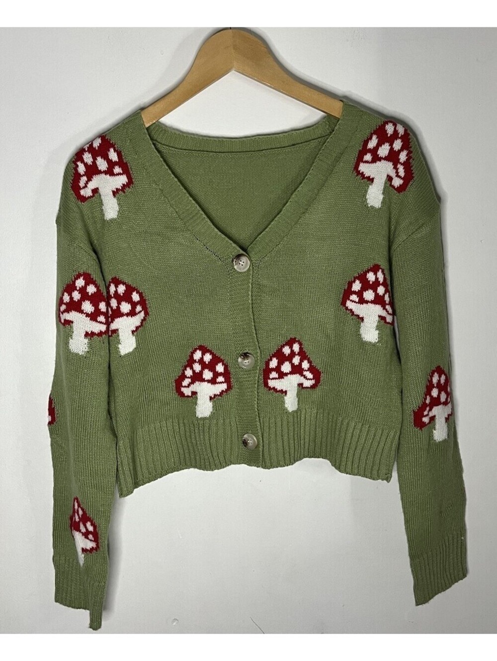Cottagecore Whimsical Fairy Mushroom Print Knit Cardigan Women’s Size Small